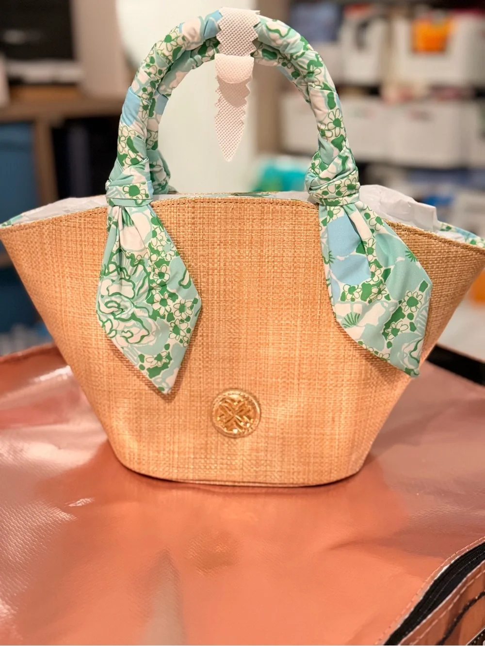 Lilly Pulitzer Natural Straw Mini Tote Bag with Green Floral Scarf Bursts of Joy - Picture 5 of 8